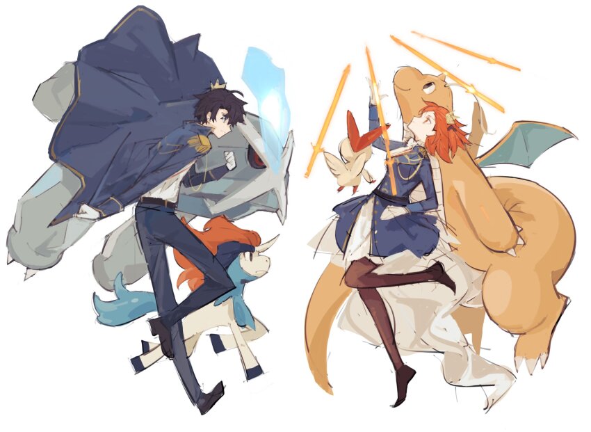 1boy 1girl black_hair blue_eyes coat crown dragonite fate/grand_order fate_(series) fujimaru_ritsuka_(female) fujimaru_ritsuka_(female)_(halloween_royalty) fujimaru_ritsuka_(male) fujimaru_ritsuka_(male)_(halloween_royalty) game_freak gen_1_pokemon gen_3_pokemon gen_5_pokemon highres jacket keldeo legendary_pokemon metagross mythical_pokemon nintendo open_clothes open_jacket orange_eyes orange_hair pantyhose pokemon skirt sword victini weapon xubeichaoyansuan