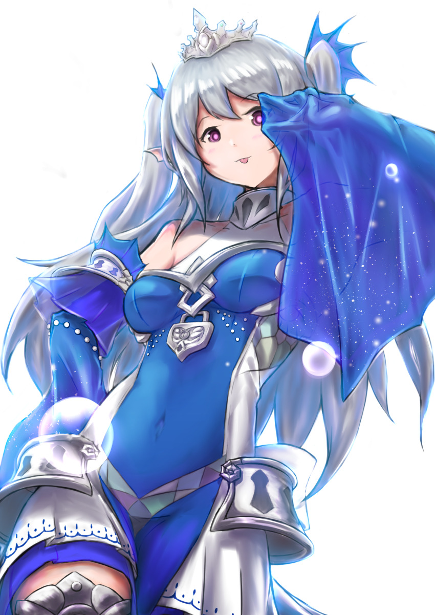 1girl :p absurdres arm_fins blue_dress blush breasts bubble closed_mouth collarbone covered_navel detached_sleeves dress duel_monster fins fish_girl gem grey_hair hair_ornament head_fins highres large_breasts lock long_hair looking_at_viewer pearl_(gemstone) pelvic_curtain pink_hair simple_background skirt sleeves_past_wrists smile tearlaments_scheiren tiara tongue tongue_out tuang007 twintails white_background yu-gi-oh!