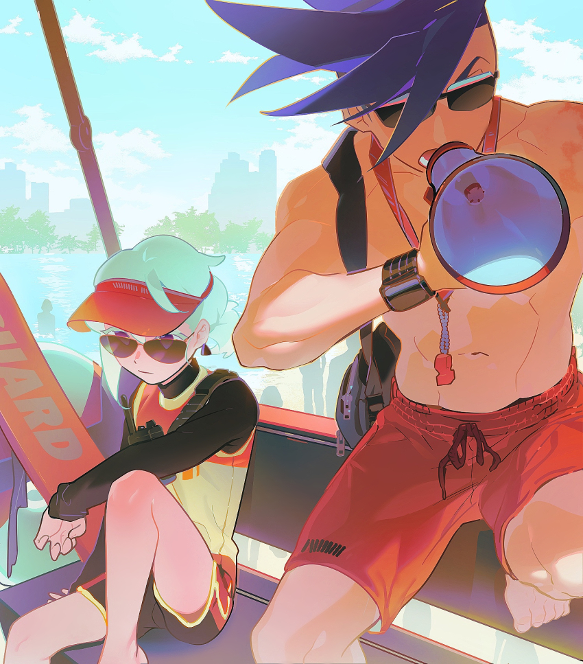 2boys aqua_hair arm_rest bag barefoot black_shirt black_shorts blue_hair closed_mouth colored_eyelashes day earrings expressionless ferris_wheel galo_thymos hair_bun highres jewelry km_(ksolee1201) lio_fotia long_sleeves mohawk multiple_boys muscular muscular_male promare purple_eyes red_shorts shirt short_hair short_shorts shorts shoulder_bag single_hair_bun sitting sky speaker sunglasses topless_male vest visor_cap watch whistle whistle_around_neck wristwatch