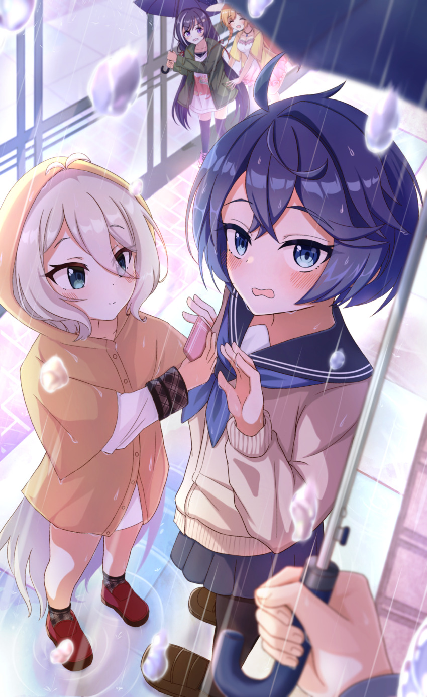 4girls antenna_hair black_pantyhose black_thighhighs blue_eyes blue_hair blue_neckerchief blue_serafuku blue_skirt blush breasts brown_footwear cat_hair_ornament closed_eyes clothes_writing dress embarrassed green_eyes green_jacket hair_ornament handkerchief highres holding holding_handkerchief holding_umbrella jacket karyl_(princess_connect!) karyl_(real)_(princess_connect!) kokkoro_(princess_connect!) kokkoro_(real)_(princess_connect!) loafers long_hair long_sleeves looking_at_viewer looking_up low_twintails multicolored_hair multiple_girls neckerchief open_clothes open_jacket orange_hair outdoors pantyhose pecorine_(princess_connect!) pecorine_(real)_(princess_connect!) princess_connect! rain raincoat red_footwear school_uniform serafuku sheffy_(princess_connect!) sheffy_(real)_(princess_connect!) shoes short_hair skirt small_breasts streaked_hair tetorariumu thighhighs twintails umbrella wavy_mouth white_dress white_hair white_streaks yellow_raincoat