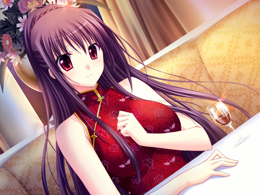 1girl alcohol atelier_kaguya bare_shoulders blush breasts brown_hair china_dress chinese_clothes choco_chip choker couch cup curtains dress drink drinking_glass female_focus flower game_cg glass gold hair_between_eyes large_breasts long_hair looking_at_viewer patterned_clothing patterned_upholstery plant prima_stella red_dress red_eyes shadow smile solo table takasu_miyabi wine wine_glass wings
