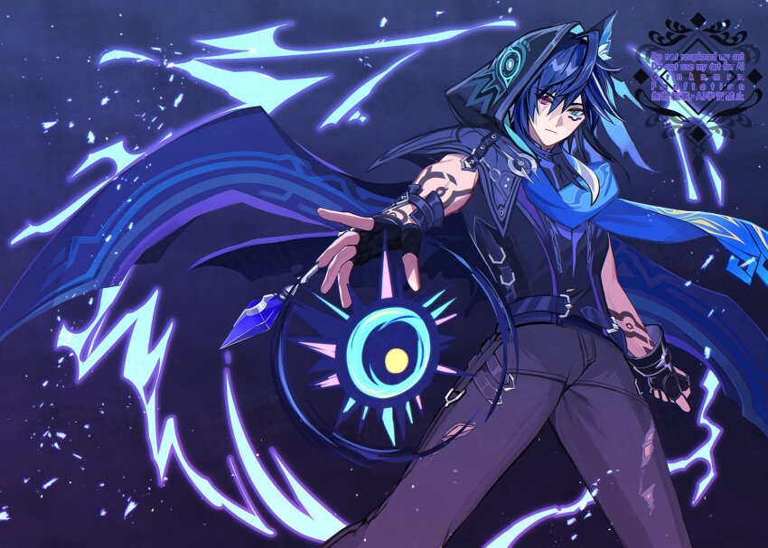 1boy animal_ear_fluff animal_ears arm_tattoo artist_name bat_ears black_gloves black_jacket black_shirt blue_eyes blue_hair blue_scarf closed_mouth commentary_request cropped_jacket electricity expressionless facial_mark fingerless_gloves genshin_impact gloves grey_pants hair_between_eyes heterochromia highres hiki_yuichi hood hood_up hooded_jacket jacket light_particles looking_at_viewer male_focus medium_hair multicolored_hair ororon_(genshin_impact) outstretched_arm pants purple_background purple_eyes purple_shirt scarf shirt sidelocks simple_background sleeveless sleeveless_shirt solo standing streaked_hair tattoo twitter_username watermark