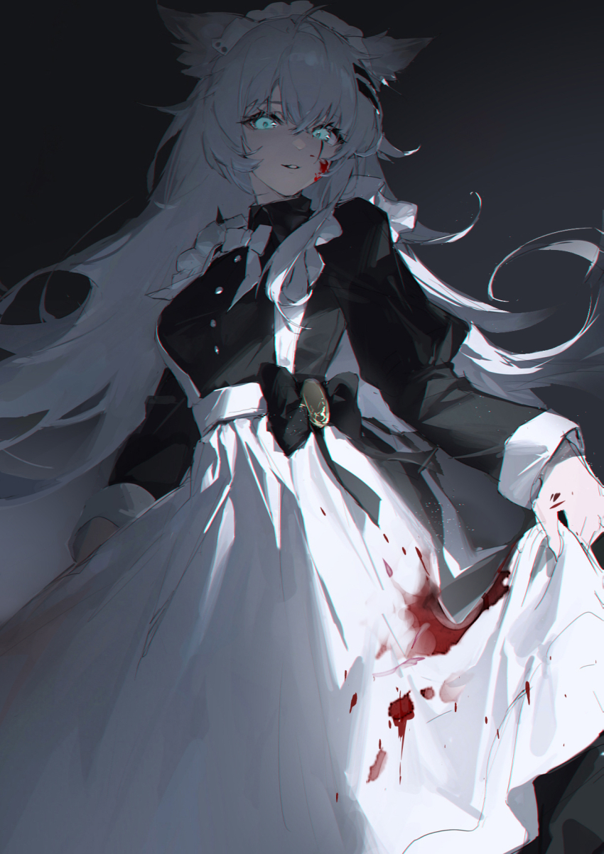 1girl ahoge alternate_costume animal_ears apron aqua_eyes arknights black_dress blood blood_on_clothes blood_on_face blood_on_gloves bloody_clothes bloody_dress bow breasts clothes_lift commentary dress dress_lift gloves highres kuuus lappland_(arknights) long_hair long_sleeves maid maid_apron maid_headdress parted_lips scar scar_across_eye scar_on_face solo white_gloves white_hair wolf_ears wolf_girl