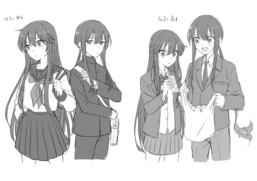 1boy 1girl :d aged_down bag black_jacket black_pants blazer blush bow bowtie brother_and_sister center-flap_bangs closed_mouth collared_shirt contemporary cropped_legs drinking_straw fate/grand_order fate_(series) fiery_hair frown gakuran hair_between_eyes hand_in_pocket high_collar holding holding_bag holding_juice_box holding_strap jacket juice_box long_hair long_sleeves looking_at_another low_ponytail miniskirt monochrome multiple_views neckerchief necktie oda_nobukatsu_(fate) oda_nobunaga_(fate) open_clothes open_jacket open_mouth pants plastic_bag pleated_skirt pointing ponytail sailor_collar school_uniform serafuku shirt shoulder_bag siblings sidelocks simple_background skirt smile teramoto_kei v-shaped_eyebrows very_long_hair white_background white_shirt