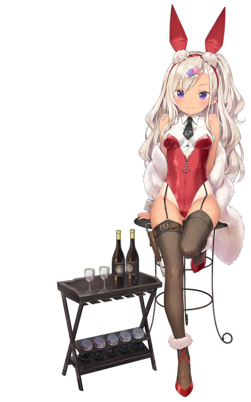 1girl animal_ears archerfish_(azur_lane) archerfish_(coquettish_bunny)_(azur_lane) azur_lane bare_shoulders bird black_thighhighs bottle breasts chick closed_mouth cocktail_glass cup drinking_glass fake_animal_ears feather_boa garter_straps hairband highleg highleg_leotard highres kani_biimu leg_up leotard long_hair looking_at_viewer manjuu_(azur_lane) medium_breasts necktie off_shoulder official_alternate_costume official_art one_side_up playboy_bunny purple_eyes rabbit_ears red_leotard red_shoes shoes short_necktie silver_hair sitting smile solo stool tan tanline thighhighs thighs transparent_background wavy_hair wing_collar