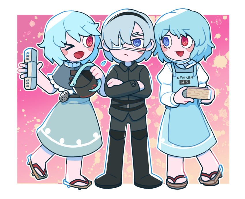 &gt;_o 3girls @_@ apron bandage_over_one_eye black_coat black_pants blue_apron blue_eyes blue_hair blue_skirt blue_vest border closed_mouth coat commentary_request cookie_(touhou) crossed_arms frown full_body geta heterochromia highres hita_(hizokuseikogeki) holding holding_watering_can juliet_sleeves long_sleeves looking_at_another mikami_makoto mioto_(cookie) multiple_girls no_socks nyankoro_(cookie) one_eye_closed open_mouth pants puffy_sleeves red_eyes shirt short_hair skirt smile standing tatara_kogasa touhou transparent_border vest watering_can white_shirt