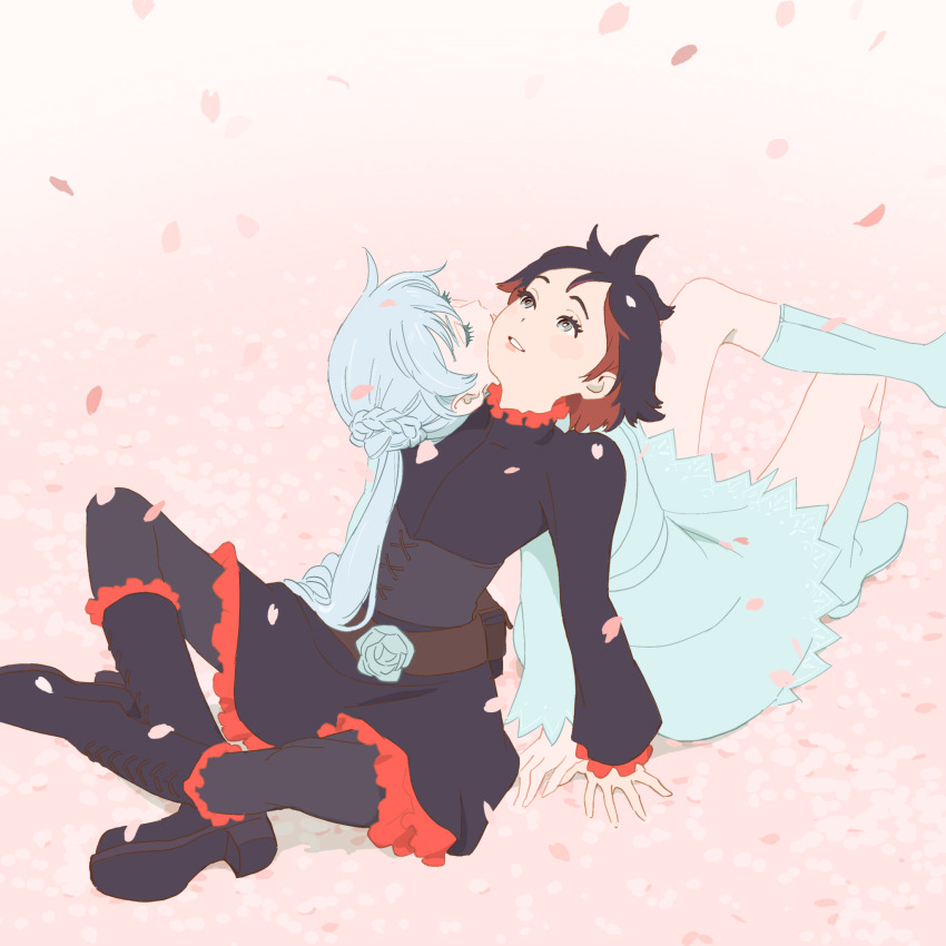 2girls 55bata6rou back-to-back black_boots black_dress black_hair blue_boots blue_dress blue_flower blue_hair blue_rose boots closed_eyes crossed_ankles dress falling_petals flower full_body grey_eyes high_heel_boots high_heels highres long_hair long_sleeves looking_up multiple_girls petals pink_background ponytail red_hair rose rotational_symmetry ruby_rose rwby short_hair sitting smile weiss_schnee