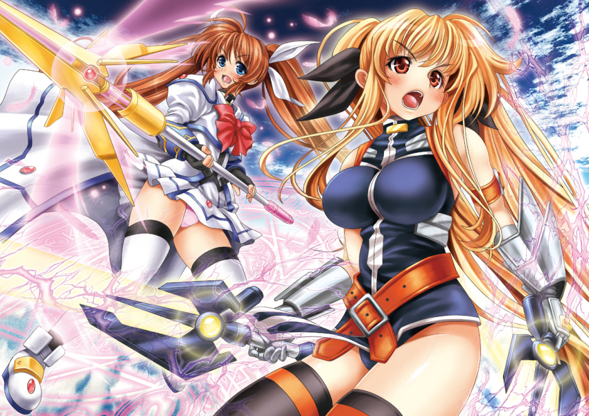 00s 2girls bardiche_(nanoha) bardiche_(riot_zanber_stinger)_(nanoha) blonde_hair blue_eyes breasts energy_sword fate_testarossa fate_testarossa_(true_sonic_form) hair_ribbon itachou large_breasts long_hair lyrical_nanoha magic_circle magical_girl mahou_shoujo_lyrical_nanoha mahou_shoujo_lyrical_nanoha_strikers multiple_girls raising_heart raising_heart_(exceed_mode) ribbon sword takamachi_nanoha takamachi_nanoha_(aggressor_mode) thighhighs twintails weapon