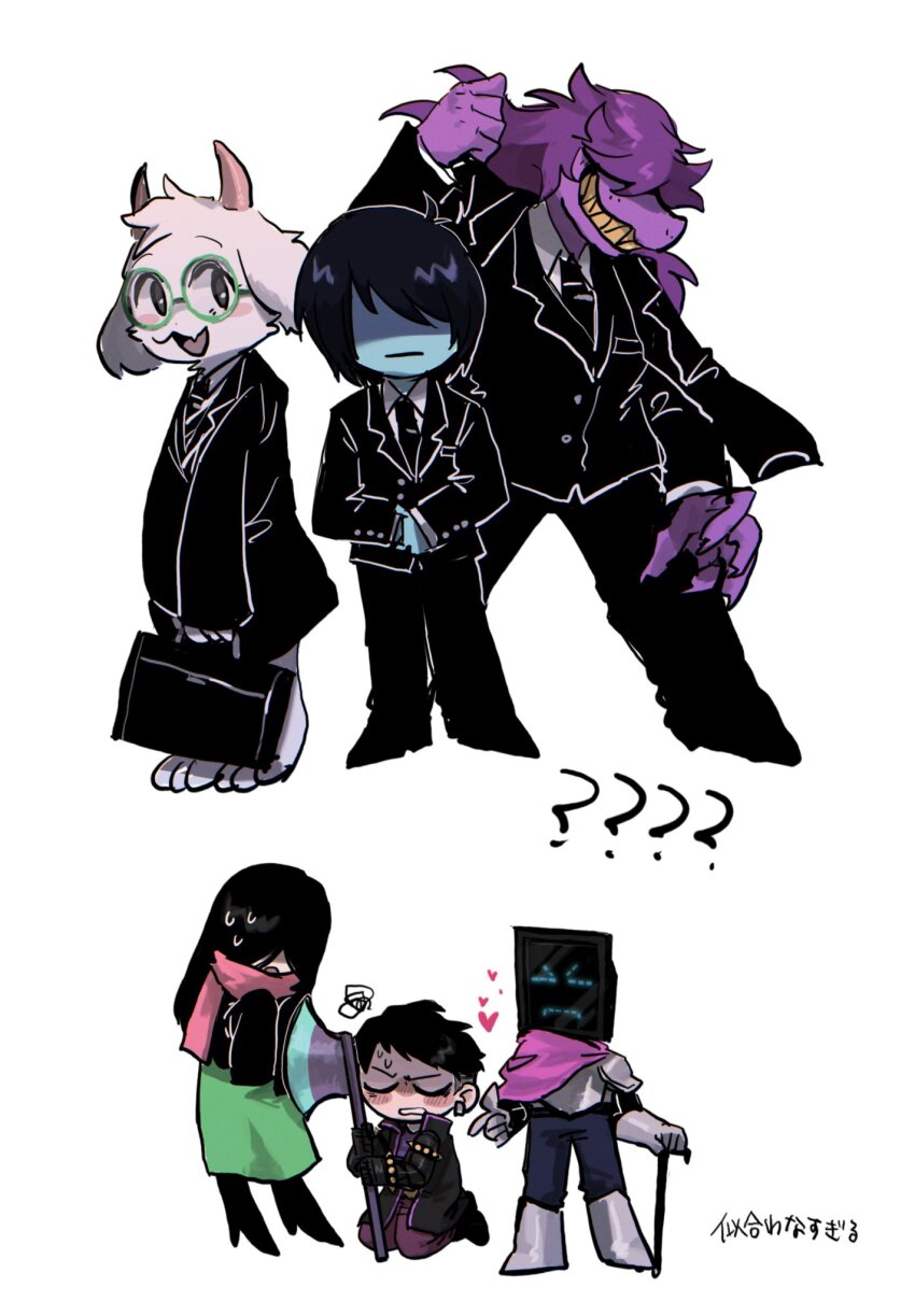 &gt;_&lt; 2girls 4boys :3 :o ? ?? arm_up axe bada_(project_moon) black_coat black_hair black_jacket black_necktie blue_pants blue_skin blush briefcase cane cape clenched_teeth closed_eyes coat coat_on_shoulders collared_shirt colored_skin colored_teeth commentary_request cosplay costume_switch crossover deltarune earrings fang finger_gun fingernails full_body furry furry_male glasses goat_boy green-framed_eyewear green_skirt grin hair_over_eyes heart highres holding holding_axe holding_briefcase holding_cane holding_weapon horns jacket jewelry knight kris_(deltarune) library_of_ruina long_fingernails long_hair long_sleeves martina_(project_moon) multiple_boys multiple_girls necktie nemo_(project_moon) object_head open_mouth pants pink_cape pink_scarf project_moon purple_hair purple_skin rainbowmisosoup ralsei reptile_girl round_eyewear scarf sharp_fingernails sharp_teeth shirt short_hair simple_background sitting skin_fang skirt sleeves_past_fingers sleeves_past_wrists smile squiggle standing susie_(deltarune) sweat teeth translation_request u_u very_long_sleeves wariza weapon white_background white_fur white_shirt wing_collar yellow_teeth