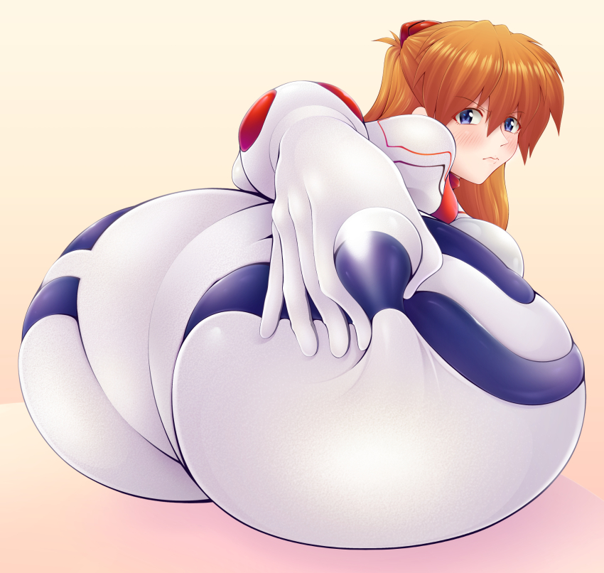 1girl ass ass_focus blue_eyes bodysuit evangelion:_3.0_you_can_(not)_redo grabbing_own_ass hand_on_own_ass highres huge_ass lips looking_at_viewer looking_back mecha_pilot_suit neon_genesis_evangelion orange_hair pixiv1478062 plugsuit_(evangelion) rebuild_of_evangelion simple_background skin_tight solo souryuu_asuka_langley tsundere white_bodysuit wide_hips