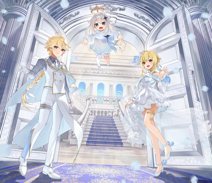 1boy 2girls :d aether_(genshin_impact) ahoge alternate_costume ankle_bow ankle_ribbon bare_shoulders black_eyes blonde_hair blue_bow blue_carpet bow braid commentary_request doorway dress floating_hair full_body genshin_impact gloves hair_between_eyes hair_ornament halo high_heels highres indoors leg_ribbon long_hair long_sleeves looking_at_viewer lumine_(genshin_impact) multiple_girls necktie open_mouth paimon_(genshin_impact) pants parted_lips ribbon shirt short_hair_with_long_locks single_thighhigh smile stairs standing star_(symbol) star_hair_ornament teeth thighhighs tsunakawa upper_teeth_only very_long_hair white_bow white_dress white_footwear white_gloves white_hair white_necktie white_pants white_ribbon white_shirt white_thighhighs yellow_eyes