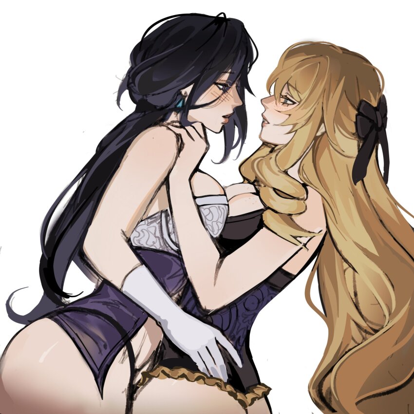 2girls black_hair blonde_hair blue_eyes blush breast_press breasts cleavage clorinde_(genshin_impact) commentary corset drill_hair earrings eye_contact from_side genshin_impact gloves hand_on_another&#039;s_shoulder hashtag-only_commentary highres jewelry large_breasts long_hair looking_at_another multiple_girls navia_(genshin_impact) parted_lips profile purple_corset purple_eyes simple_background white_background white_gloves xxxoncrack2069 yuri