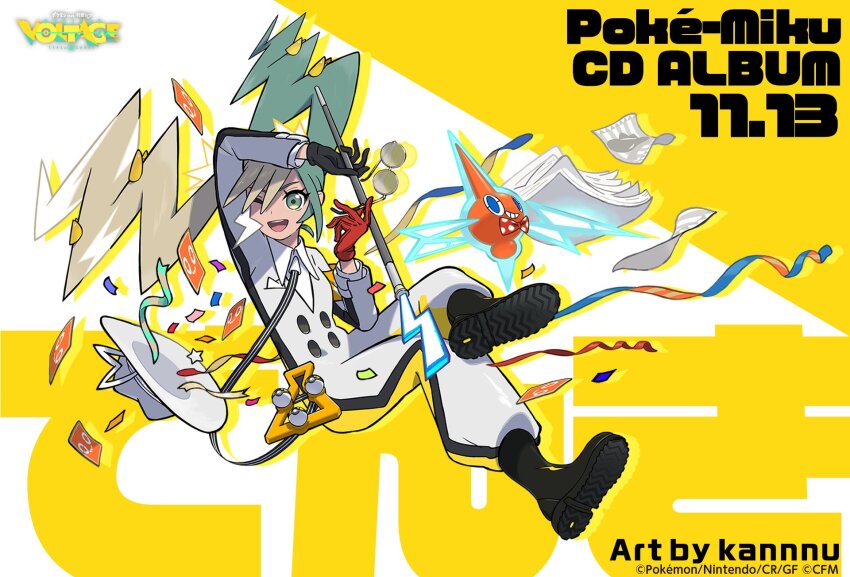 1girl black_gloves blue_hair crop_top cropped_legs electric_miku_(project_voltage) electricity gen_4_pokemon gloves grey_background grey_hair grin hair_between_eyes hat hatsune_miku highres holding holding_poke_ball jumpsuit long_hair multicolored_hair nintendo official_art one_eye_closed poke_ball pokemon pokemon_(creature) project_voltage red_gloves rotom siirakannu simple_background smile twintails very_long_hair vocaloid white_hair white_jumpsuit