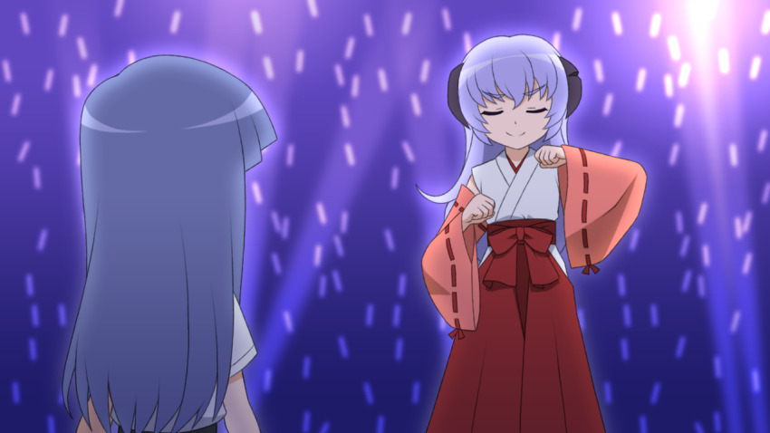 2girls blue_hair bow closed_eyes closed_mouth commentary_request detached_sleeves facing_viewer furude_rika gaou_(babel) glowstick hakama hakama_skirt hanyuu higurashi_no_naku_koro_ni hip_vent horns japanese_clothes kimono long_hair long_sleeves multiple_girls pink_sleeves red_bow red_hakama ribbon-trimmed_sleeves ribbon_trim shikairo_days shikairo_days_dance_(meme) shikanoko_nokonoko_koshitantan shirt short_sleeves skirt sleeveless sleeveless_kimono very_long_hair white_kimono white_shirt wide_sleeves