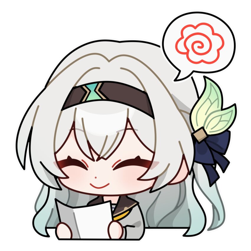 circle_hands firefly_(honkai:_star_rail) flower hair_between_eyes hair_ornament hair_ribbon hairband highres holding holding_paper honkai:_star_rail honkai_(series) image_in_speech_bubble long_sleeves makinomaki108 paper ribbon sailor_collar simple_background speech_bubble white_background