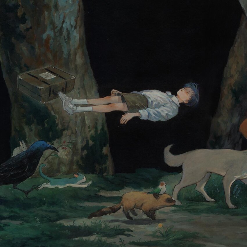 1boy animal arms_at_sides badger bird black_hair cat child closed_eyes collared_shirt crow dark dog expressionless floating floating_object forest from_side grass green_shorts highres jumping moss n0ma nature original outdoors painting_(medium) rabbit scenery shirt shoes short_hair shorts sneakers socks suitcase surreal traditional_media tree white_footwear white_shirt white_socks wide_shot