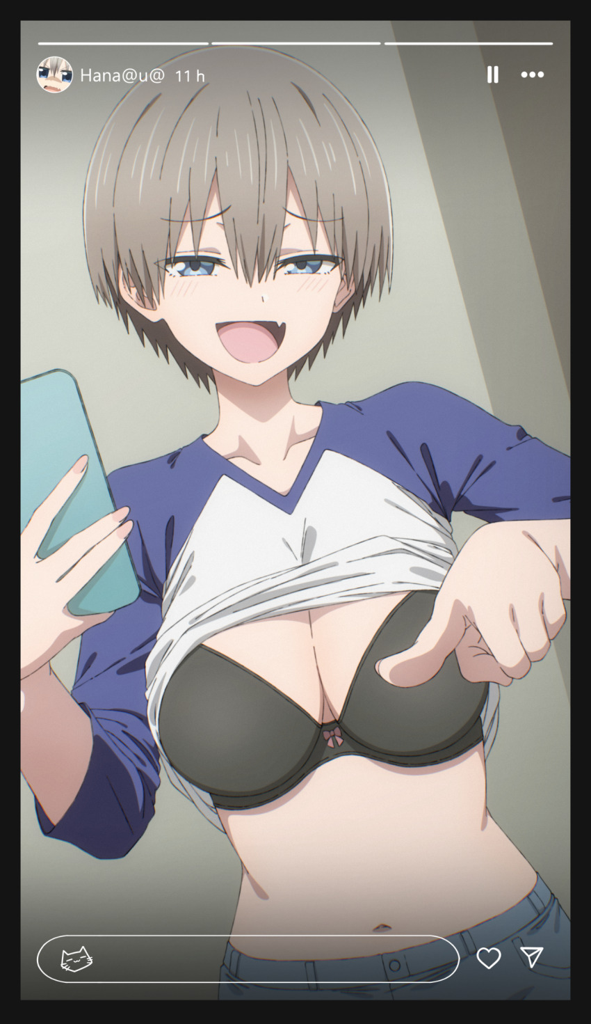 1girl :d black_bra blue_eyes bra breasts cleavage clothes_lift fake_phone_screenshot fake_screenshot fang grey_hair highres keihh large_breasts looking_at_viewer open_mouth pointing pointing_at_viewer selfie shirt_lift short_hair smile social_network solo underwear uzaki-chan_wa_asobitai! uzaki_hana