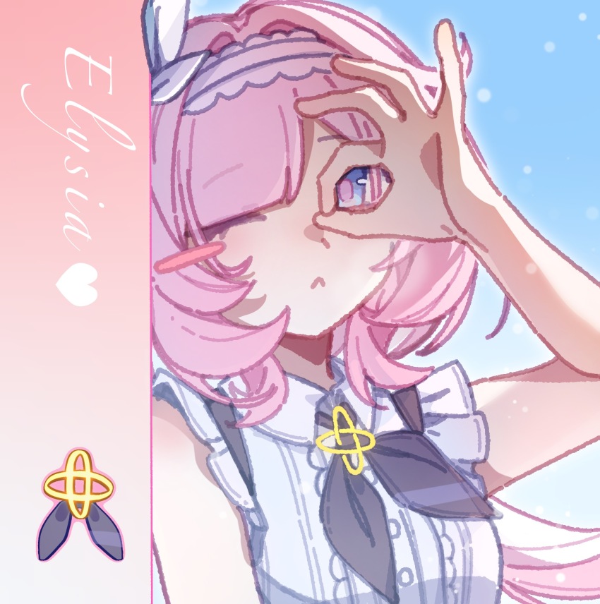 1girl blue_eyes blue_sky breasts character_name chinese_commentary commentary_request elysia_(honkai_impact) hairband heart highres honkai_(series) honkai_impact_3rd long_hair medium_breasts one_eye_closed pink_hair shirt sky solo upper_body very_long_hair white_hairband white_shirt yinanhuahua