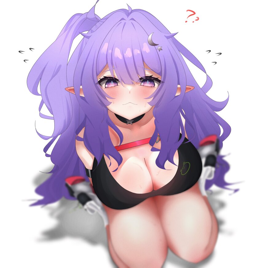 1girl ? ?? absurdres black_choker black_sports_bra blurry blush breasts chest_strap choker cleavage closed_mouth crescent crescent_hair_ornament eepy_sleepy eepy_sleepy_(sleepy_2.0) elf flying_sweatdrops geode_consumer hair_ornament highres kneeling long_hair phase_connect pointy_ears purple_eyes purple_hair solo sports_bra star_(symbol) star_choker sweat virtual_youtuber