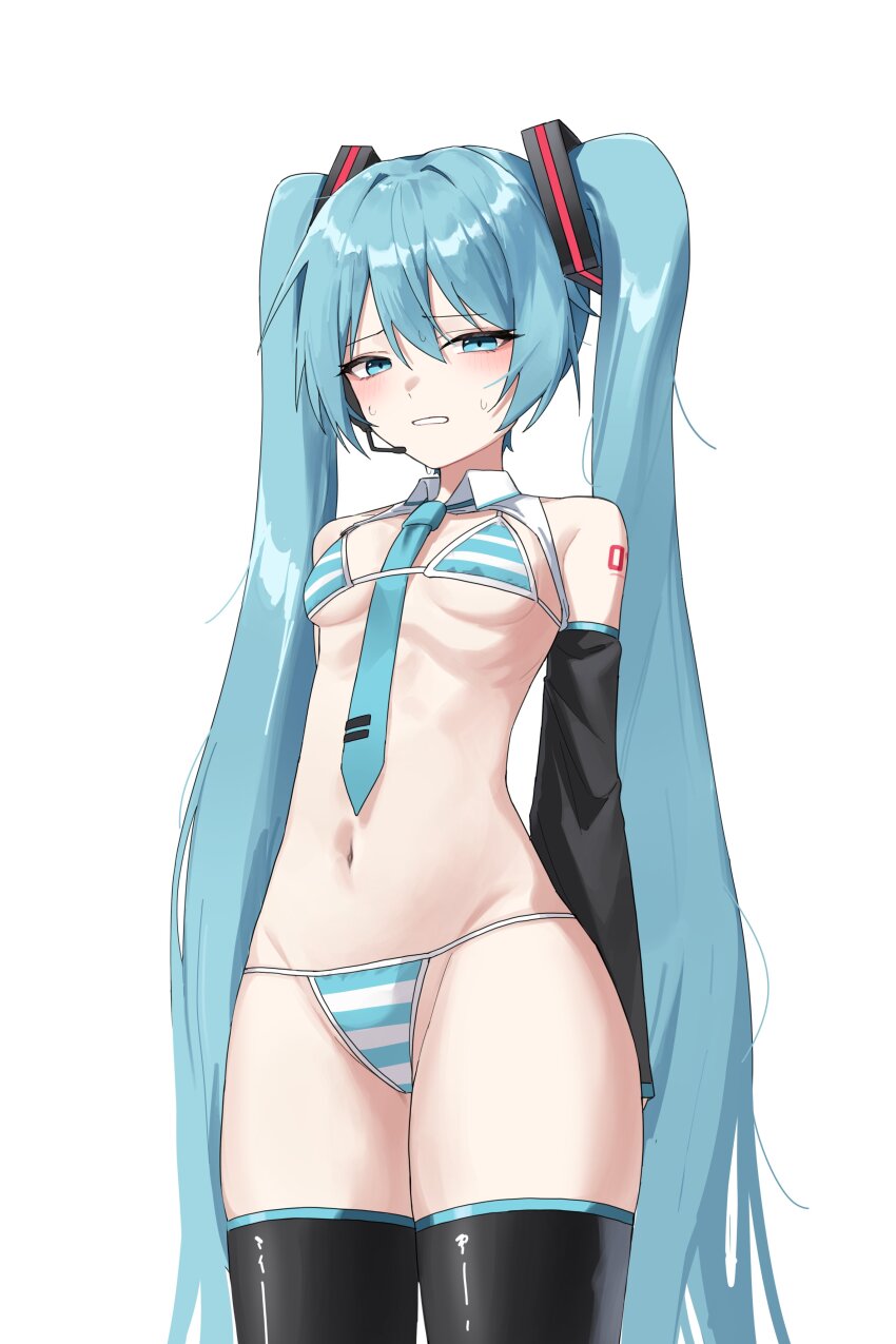 1girl absurdres alternate_costume aqua_ascot aqua_eyes aqua_hair aqua_necktie ascot bikini black_sleeves boots detached_sleeves hatsune_miku highres hu2924 meme_attire micro_bikini miku_collar_bikini necktie striped_bikini striped_clothes sweatdrop swimsuit thigh_boots twintails vocaloid