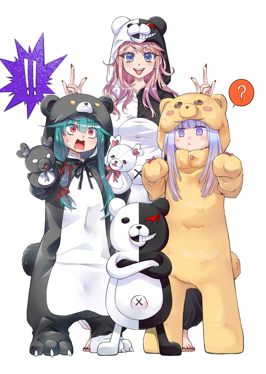 3girls ? \m/ animal_costume animal_hood aurora_sya_lis_kaymin barefoot bear_costume bear_hood commentary_request crossed_arms crossover danganronpa:_trigger_happy_havoc danganronpa_(series) enoshima_junko evil_grin evil_smile green_hair grin hand_puppet height_difference highres hood keke_(user_zech7732) kuma_kuma_kuma_bear maou-jou_de_oyasumi monokuma multiple_crossover multiple_girls nail_polish onesie puppet purple_eyes purple_hair red_eyes red_nails simple_background smile speech_bubble spoken_question_mark sweatdrop toenail_polish toenails tongue tongue_out trait_connection v-shaped_eyebrows white_background yuna_(kuma_kuma_kuma_bear)