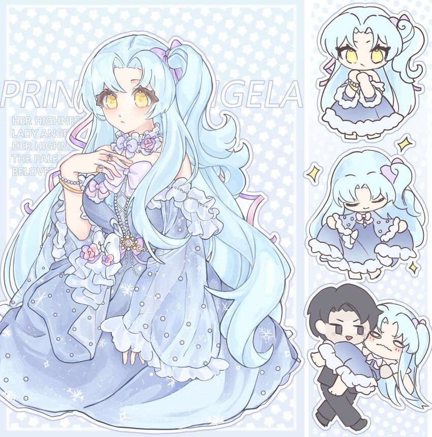 1boy 1girl absurdres alternate_costume angela_(project_moon) black_hair blue_background blue_dress blue_hair bow bowtie breasts carrying chibi closed_mouth collar detached_sleeves dress flower frilled_collar frills gem highres kyuncat library_of_ruina long_hair looking_at_viewer one_side_up parted_bangs pearl_(gemstone) pink_flower pink_rose project_moon purple_bow purple_bowtie roland_(project_moon) rose simple_background solo_focus standing upper_body yellow_eyes