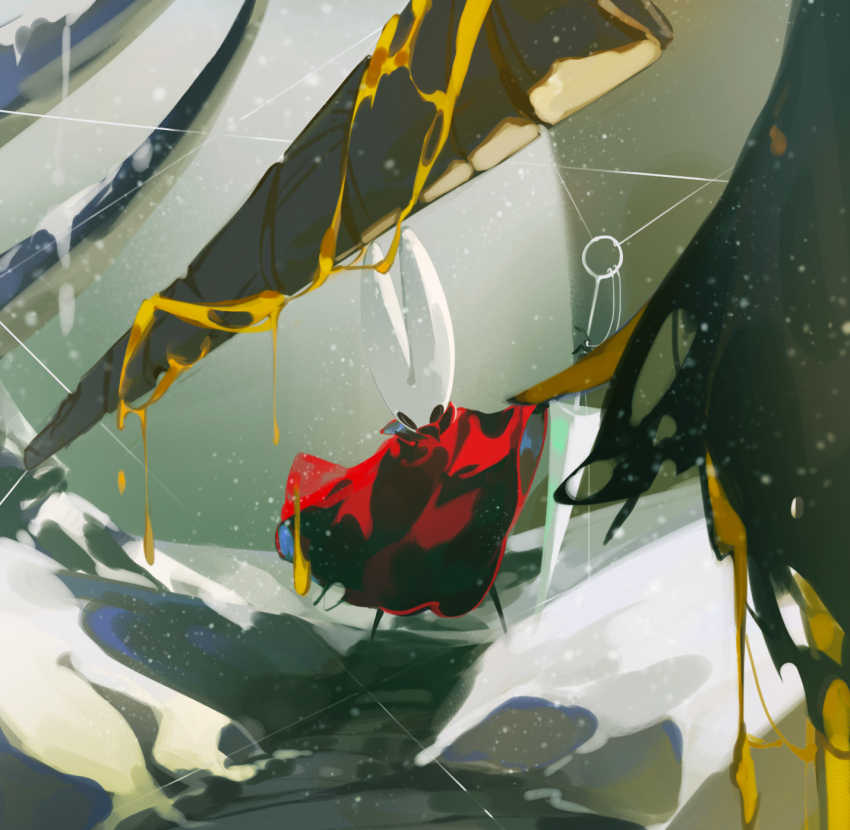 1girl blankowalski broken_vessel_(hollow_knight) bug cape cloak full_body highres holding holding_weapon hollow_eyes hollow_knight hornet_(hollow_knight) horns nail_(hollow_knight) needle_(hollow_knight) no_humans ooze red_cloak standing thread weapon