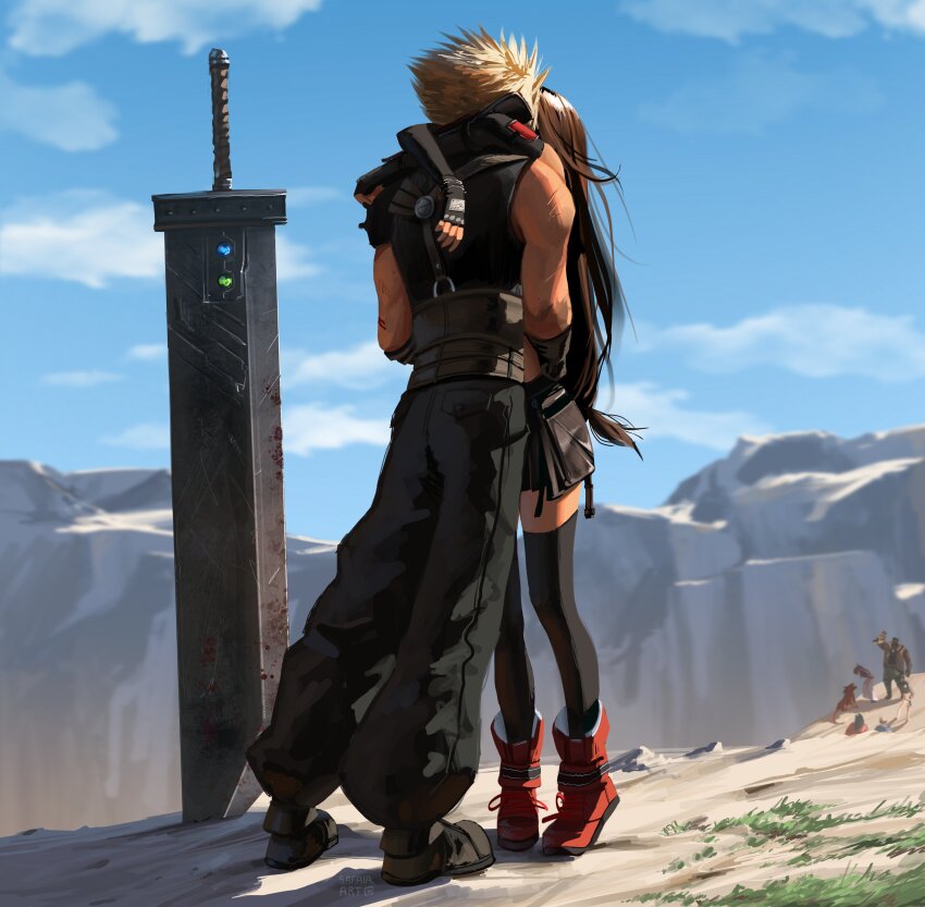 3girls 5boys absurdres aerith_gainsborough arms_around_neck baggy_pants bare_shoulders barret_wallace black_gloves black_hair black_skirt black_thighhighs blonde_hair blue_sky brown_hair buster_sword cid_highwind cloud cloud_strife cloudy_sky commentary couple elbow_gloves english_commentary final_fantasy final_fantasy_vii final_fantasy_vii_rebirth final_fantasy_vii_remake fingerless_gloves from_behind full_body gloves highres hug huge_weapon implied_kiss kiss long_hair low-tied_long_hair materia midriff mountainous_horizon multiple_boys multiple_girls outdoors pants planted planted_sword planted_weapon red_footwear red_xiii safaia single_bare_shoulder skirt sky spiked_hair standing suspender_skirt suspenders sword thighhighs tifa_lockhart very_long_hair vincent_valentine weapon yuffie_kisaragi zettai_ryouiki