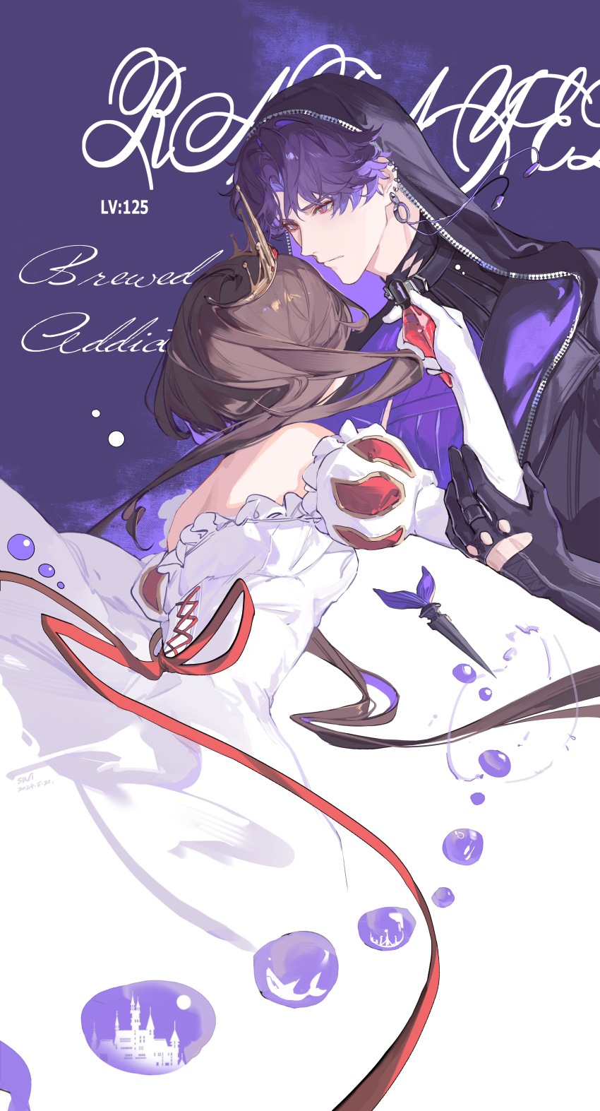 1boy 1girl absurdres back beacon black_coat black_gloves brown_hair bubble character_name closed_mouth coat couple crackingtaro crown dress ear_piercing earrings elbow_gloves expressionless floating_earrings gem glove_cutout gloves highres hood hood_up jewelry lapels long_hair looking_at_another love_and_deepspace off-shoulder_dress off_shoulder parted_bangs piercing protagonist_(love_and_deepspace) purple_background purple_eyes purple_hair rafayel_(love_and_deepspace) red_gemstone red_ribbon ribbon short_hair white_dress white_gloves