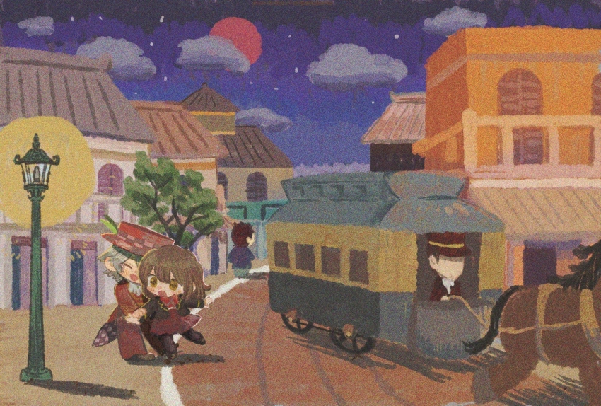 1girl 3boys ^_^ architecture ascot black_footwear black_jacket black_pantyhose black_sleeves blazer blush_stickers bow bowtie brown_hair carriage character_request checkered_clothes checkered_hat checkered_jacket chibi closed_eyes cloud coattails collared_jacket commentary_request east_asian_architecture faceless faceless_male full_moon green_eyes grey_hair hat hat_feather highres holding holding_hands holding_reins horse jacket lamppost long_hair long_sleeves meiji_tokyo_renka miniskirt moon multiple_boys night night_sky open_clothes open_jacket open_mouth outdoors pants pantyhose pleated_skirt purple_skirt red_bow red_bowtie red_hat red_jacket red_moon red_pants red_shirt red_sleeves reins shirt shoes short_hair skirt sky star_(sky) starry_sky sugi_haeru tree two-sided_fabric two-sided_jacket village white_ascot window