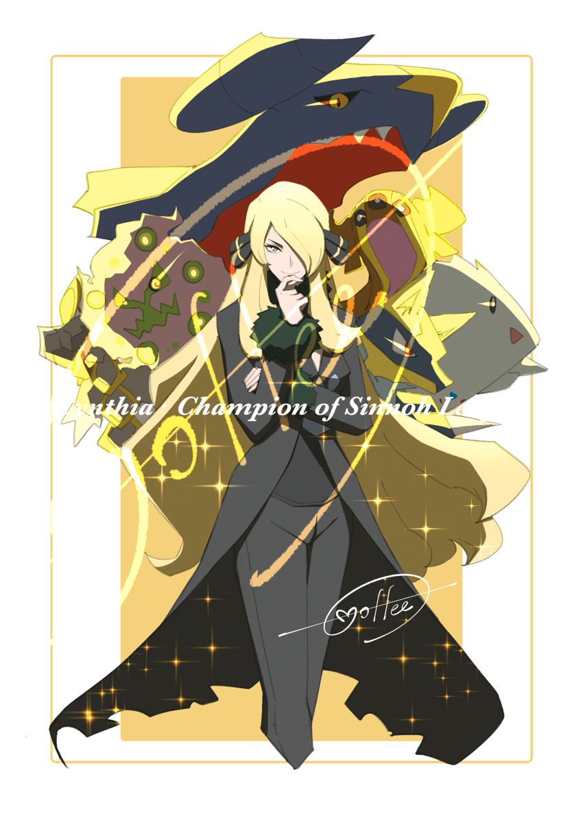 1girl absurdres blonde_hair border cccacademia character_name closed_mouth coat commentary_request cynthia_(pokemon) fur-trimmed_coat fur_trim game_freak garchomp gastrodon gastrodon_(west) gen_4_pokemon gen_7_pokemon hair_ornament hair_over_one_eye hand_on_own_chin hand_up highres kommo-o long_hair long_sleeves lucario nintendo pants pokemon pokemon_(creature) pokemon_dppt shirt signature smile sparkle spiritomb stroking_own_chin togekiss white_border yellow_background yellow_eyes