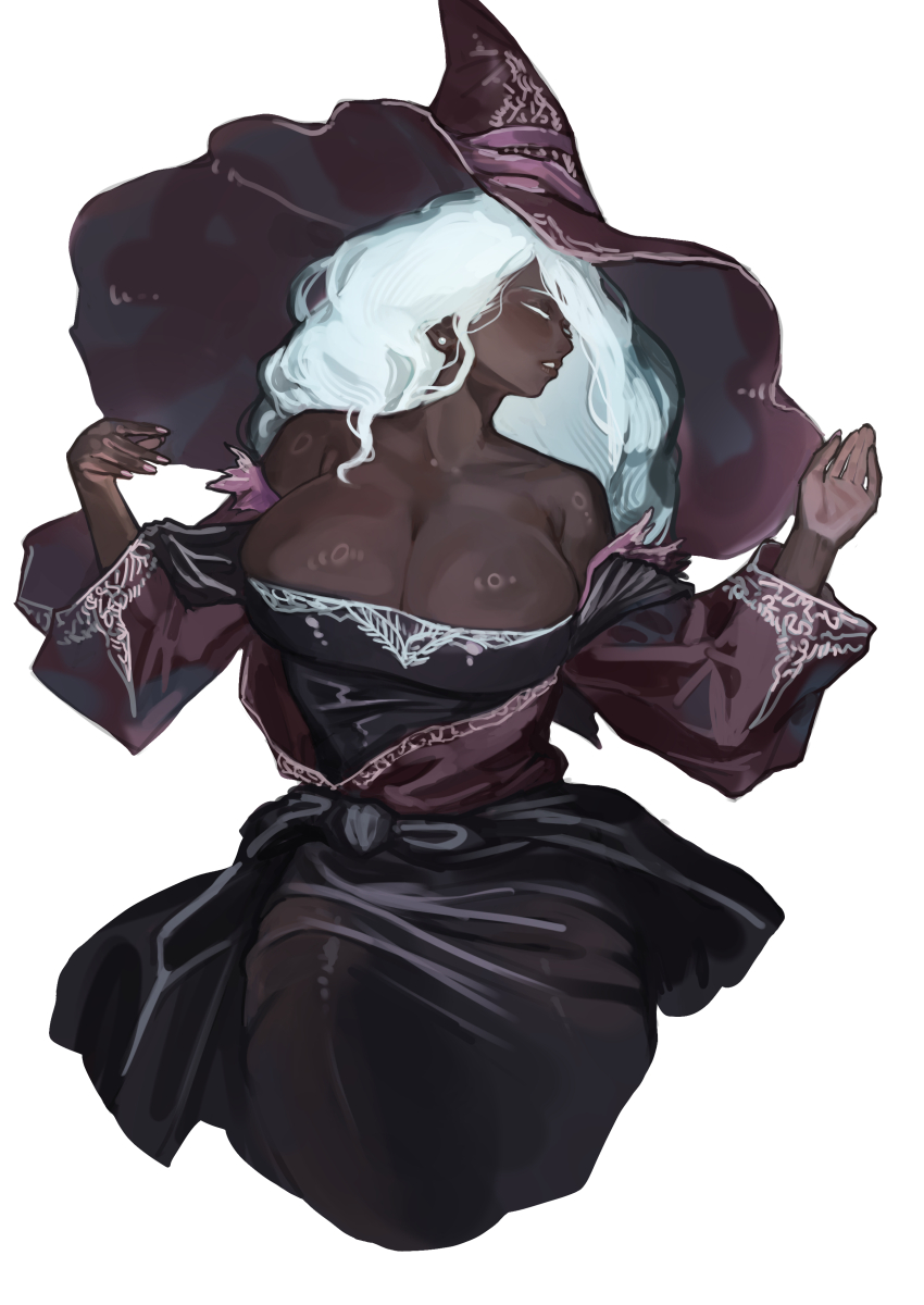 1girl absurdres breasts dark-skinned_female dark_skin elden_ring elden_ring_nightreign hat highres large_breasts large_hat miao_jiangyou purple_hat recluse_(elden_ring) white_hair witch witch_hat