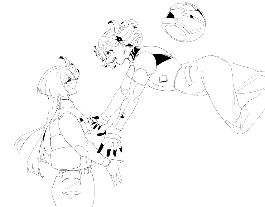2girls blush commentary_request greyscale gundam gundam_suisei_no_majo hairband helmet highres imminent_hug kusattatofu long_hair looking_at_another miorine_rembran monochrome multiple_girls open_mouth outstretched_arms smile space_helmet spacesuit suletta_mercury thick_eyebrows yuri