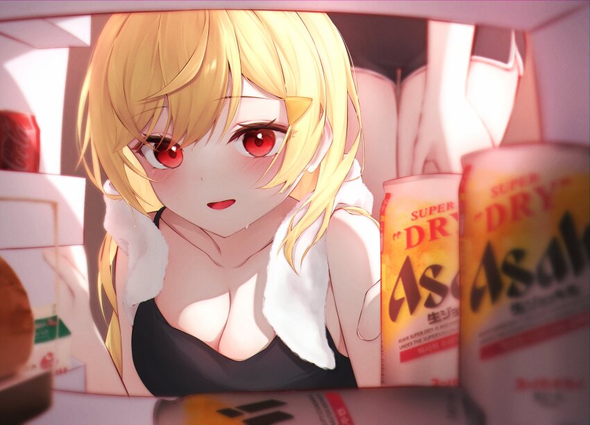 1girl bare_shoulders black_tank_top blonde_hair blush breasts can collarbone hair_ornament hairclip highres ivl0107 jingburger large_breasts long_hair looking_at_viewer open_mouth red_eyes refrigerator refrigerator_interior solo sweat tank_top towel towel_around_neck very_long_hair virtual_youtuber waktaverse