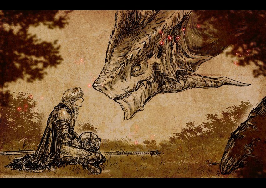 1boy 1girl absurdres ancient_dragon_(elden_ring) ancient_dragon_lansseax armet armor cape commentary dragon dragon_horns elden_ring full_armor gauntlets haruichi_(haruichithm) helm helmet highres holding holding_helmet horns knight letterboxed outdoors pauldrons plate_armor polearm roundtable_knight_vyke sepia short_hair shoulder_armor signature size_difference spear symbol-only_commentary weapon