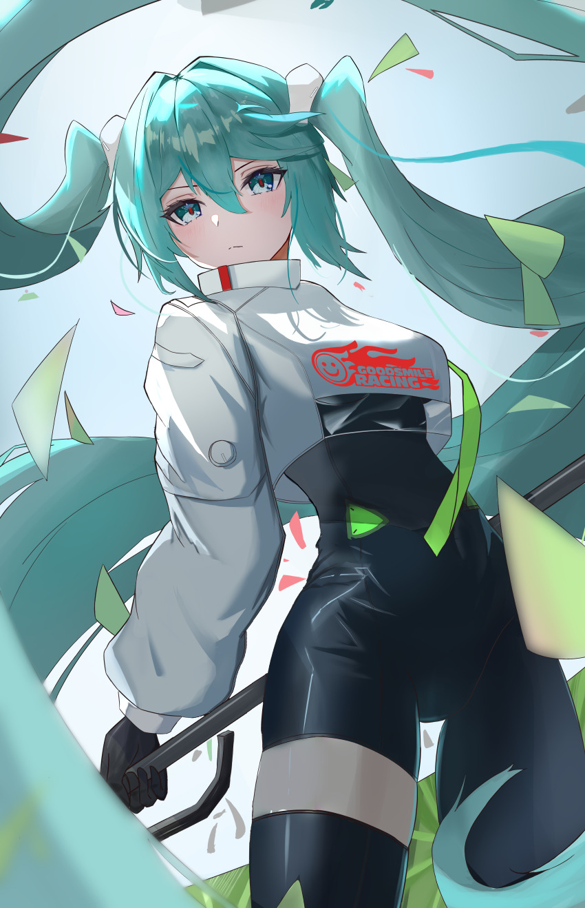 1girl a_kumo absurdres black_bodysuit black_gloves black_thighhighs blue_eyes blue_hair blush_stickers bodysuit confetti cropped_jacket flag floating_hair gloves goodsmile_company goodsmile_racing hatsune_miku highres holding holding_flag looking_at_viewer official_alternate_costume racing_miku racing_miku_(2022) simple_background single_thighhigh thighhighs vocaloid