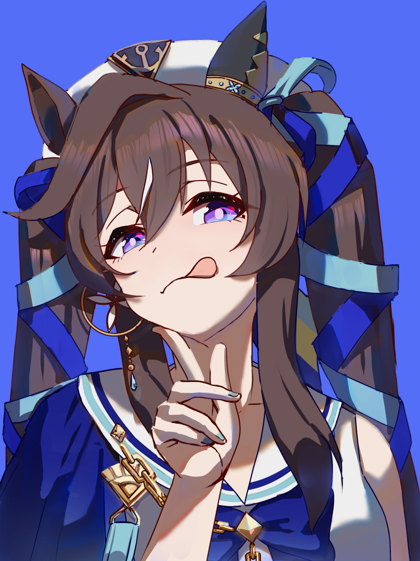 1girl absurdres animal_ears blue_background blue_bow blue_bowtie blue_cape blue_eyes bow bowtie cape commentary_request ear_covers hair_between_eyes hat highres horse_ears horse_girl light_blush long_hair mole mole_under_eye multicolored_hair no_uwazumi shirt simple_background single_bare_shoulder single_ear_cover sleeveless sleeveless_shirt smile solo streaked_hair tongue tongue_out twintails umamusume upper_body vivlos_(umamusume) white_hair white_hat