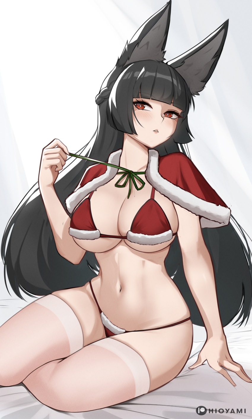 1girl absurdres alternate_costume animal_ears bikini black_garter_belt black_hair black_thighhighs blunt_bangs braid breasts cleavage fox_ears fox_girl garter_belt half_up_braid highres hioyami hoshimi_miyabi large_breasts long_hair looking_at_viewer navel parted_lips red_bikini red_eyes sideboob simple_background solo stomach swimsuit thighhighs underboob white_thighhighs zenless_zone_zero