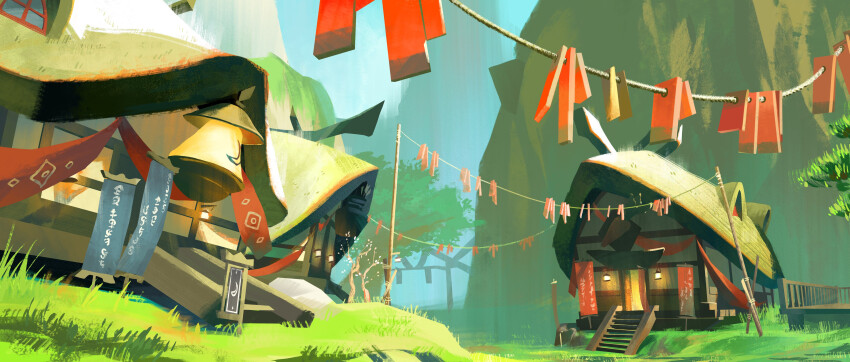 absurdres building crescent door grass highres house nintendo outdoors path plant ribbon road rock rooftop rope scenery shannon_xie sheikah shop sign stairs the_legend_of_zelda the_legend_of_zelda:_breath_of_the_wild tree wide_shot window