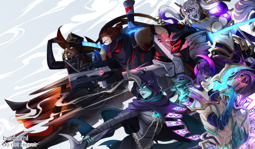 3boys 3girls :d abs bandaged_arm bandages bekkomi black_cape black_headwear breasts brown_hair cape card character_request cleavage colored_skin cosmic_destiny_nami dark-skinned_female dark_skin demon_boy detached_sleeves floating floating_object from_side grin gun hair_bun helmet high_noon_senna highres holding holding_gun holding_weapon hood hood_up hooded_cape horns jhin large_breasts league_of_legends long_hair long_sleeves multiple_boys multiple_girls nami_(league_of_legends) official_alternate_costume open_mouth pointy_ears project_jhin pulsefire_shen purple_skin reaper_soraka red_headwear senna_(league_of_legends) shen_(league_of_legends) single_hair_bun single_horn smile soraka_(league_of_legends) spirit_blossom_thresh teeth thresh_(league_of_legends) weapon weapon_on_back