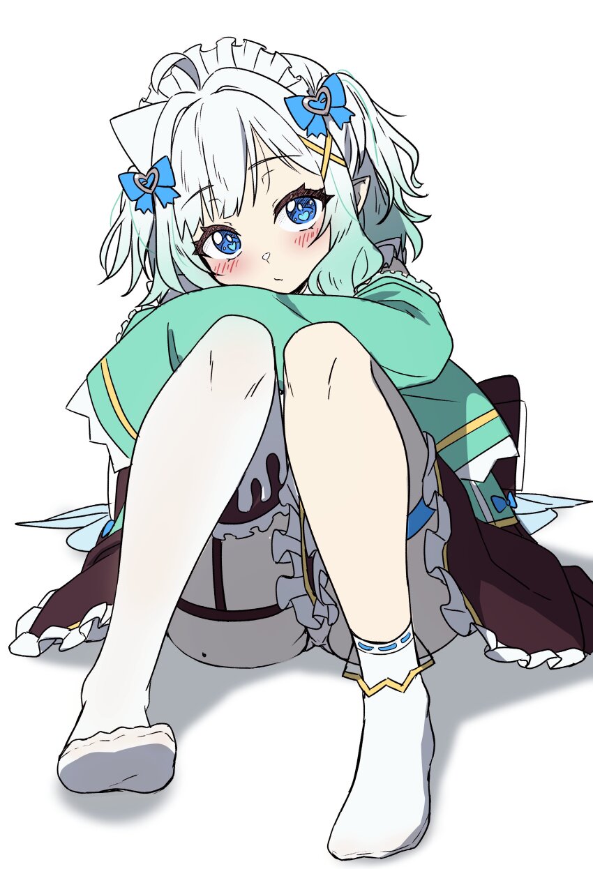 1girl absurdres ahoge blue_bow blue_eyes bow closed_mouth dress ghostenjoyerguy7007 gradient_hair green_dress green_hair hair_bow hashtag-only_commentary heart heart_in_eye highres indie_virtual_youtuber knees_to_chest long_sleeves looking_at_viewer maid_headdress mint_fantome mint_fantome_(minto_2.0) mole multicolored_hair panties pointy_ears short_hair simple_background single_sock single_thighhigh sitting sleeves_past_fingers sleeves_past_wrists socks solo symbol_in_eye thighhighs triangular_headpiece two_side_up underwear virtual_youtuber white_background white_hair white_panties white_socks white_thighhighs
