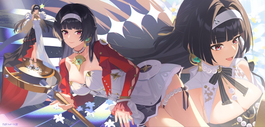 1girl absurdres alternate_costume artist_name astra_yao astra_yao_(chandelier) black_hair breasts closed_mouth dated dress earrings fled hair_intakes hairband highres holding holding_microphone_stand jacket jewelry large_breasts looking_ahead looking_at_viewer microphone_stand missing_commentary multiple_views official_alternate_costume open_mouth red_eyes red_jacket smile solo white_dress white_hairband zenless_zone_zero