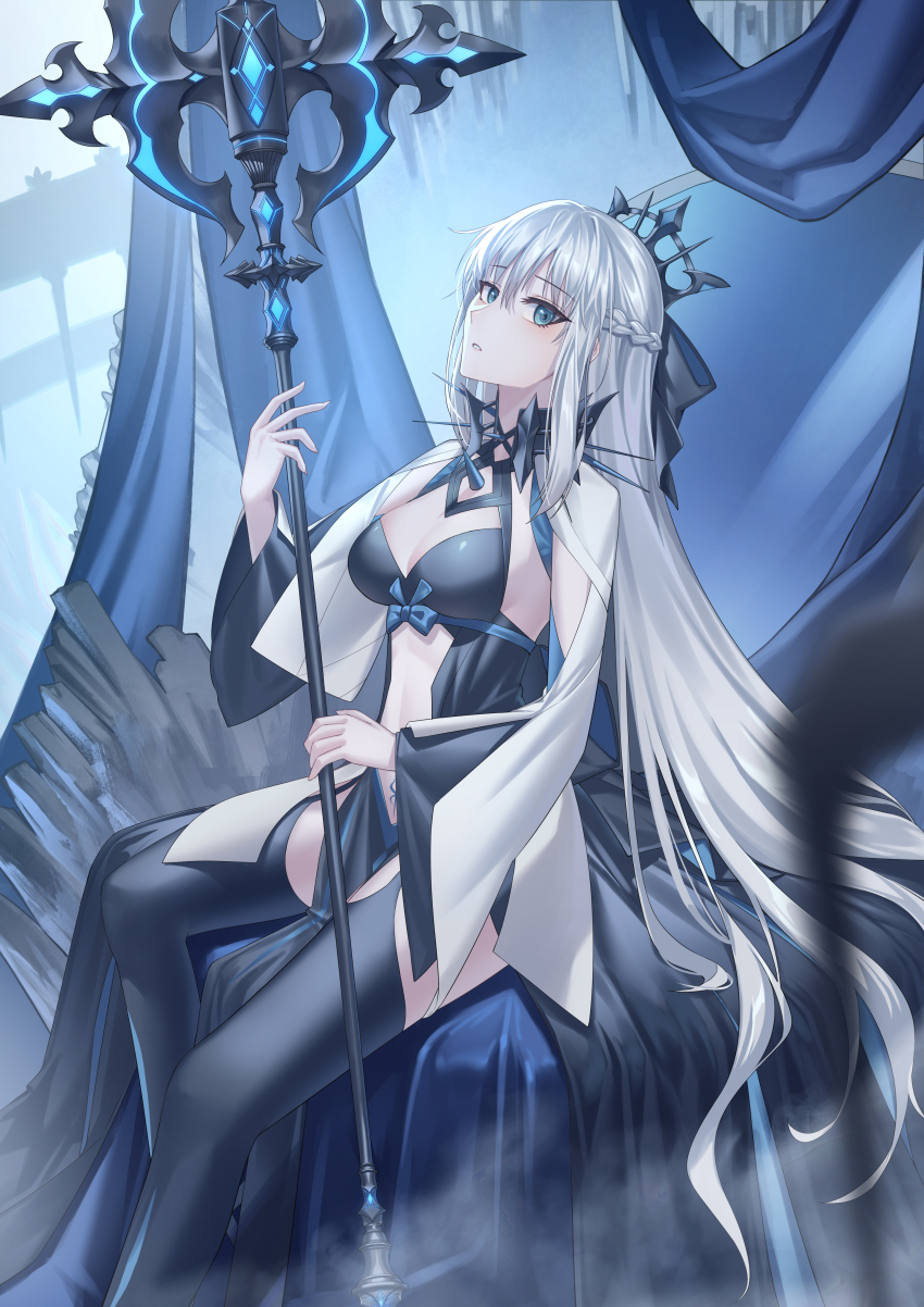 1girl absurdres black_bow black_dress black_thighhighs blue_eyes bow braid dress fate/grand_order fate_(series) hair_between_eyes hair_bow half_up_braid highres long_hair long_sleeves looking_at_viewer morgan_le_fay_(fate) morgan_le_fay_(third_ascension)_(fate) polearm sitting solo spear spikes thighhighs tiara very_long_hair weapon white_hair zero_yee