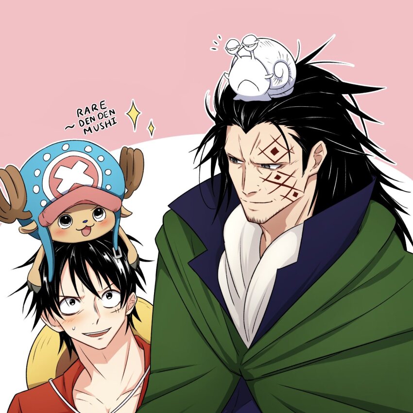 1other 3boys ascot beard_stubble black_hair blue_nose commentary cross den_den_mushi english_commentary facial_hair facial_tattoo father_and_son hat highres kmrbd5118 light_smile long_hair looking_down looking_up monkey_d._dragon monkey_d._luffy multiple_boys notice_lines on_head one_piece pink_background scar scar_on_face short_hair smile sparkle straw_hat stubble tattoo tony_tony_chopper white_ascot
