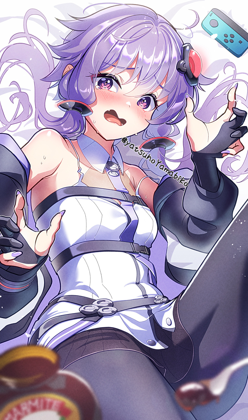 1girl absurdres belt belt_around_waist black_belt black_gloves black_jacket black_pants blush breasts chest_belt commentary_request floating_hair gloves hair_ornament highres jacket jacket_partially_removed long_sidelocks looking_at_viewer nintendo_switch pants partially_fingerless_gloves purple_eyes purple_hair shirt sidelocks simple_background small_breasts solo surprised sweat vocaloid voiceroid white_background white_shirt yatsuho_yamabiko yuzuki_yukari yuzuki_yukari_(vocaloid6)