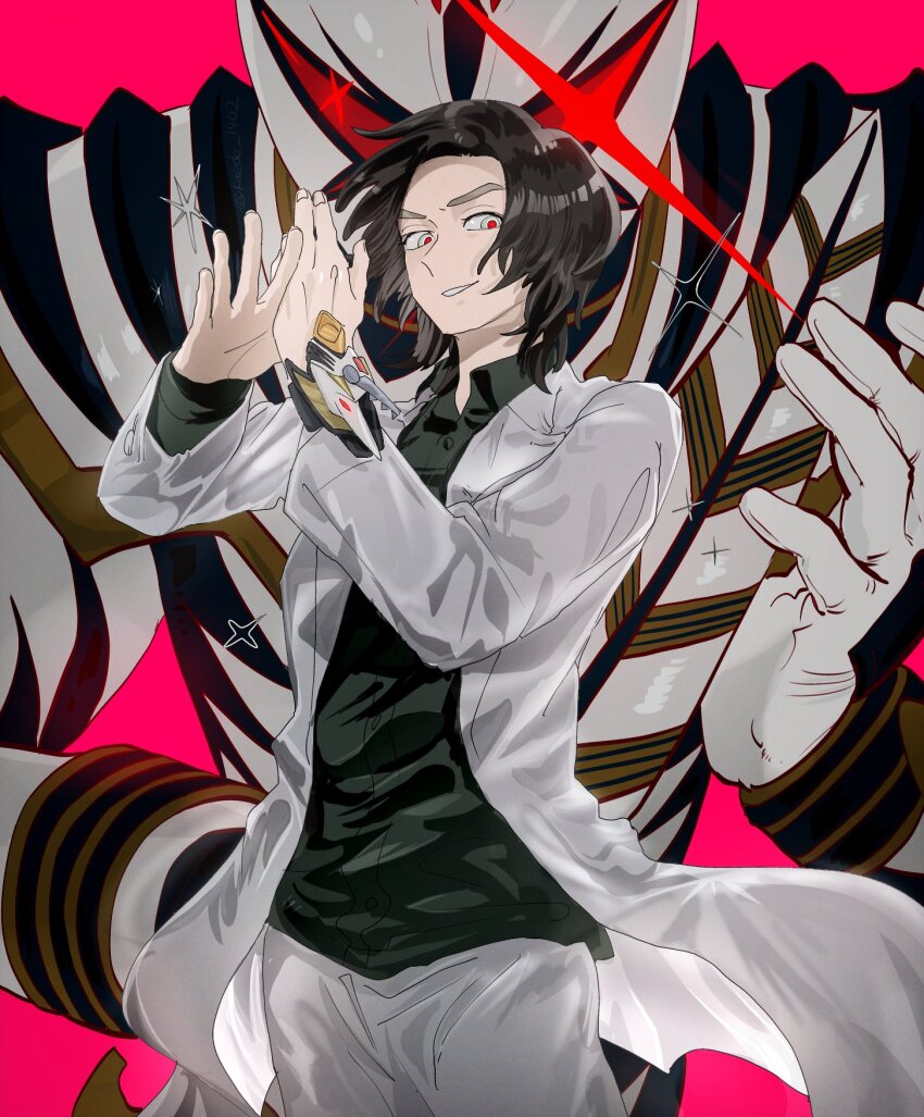 1boy abare_killer bakuryuu_sentai_abaranger black_hair black_shirt coat highres kaede_1402 male_focus nakadai_mikoto pants red_background red_pupils shirt super_sentai white_coat white_eyes white_pants