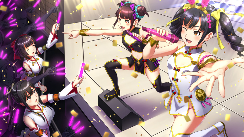 6+girls animal_ear_hairband animal_ears aqua_scrunchie audience bare_shoulders black_boots black_hair black_hairband black_skirt blurry blurry_foreground blush boots bow breasts brown_eyes cat_ear_hairband cat_ears cleavage_cutout clothing_cutout concert confetti crop_top detached_sleeves double-parted_bangs double_bun dress drill_hair faceless faceless_female fake_animal_ears foot_up footwear_bow from_above front_slit game_cg glowstick hair_bow hair_bun hair_ornament hair_scrunchie hairband heart_cutout high_ponytail highres holding holding_glowstick holding_microphone idol japanese_clothes kandagawa_jet_girls kimono large_bow long_hair lower_teeth_only medium_breasts medium_hair microphone misuda_inori multiple_girls naruko_hanaharu navel non-web_source nontraditional_miko official_art one_eye_closed open_mouth outstretched_arm outstretched_hand pan_dina pan_ziyu panties pink_panties pointing ponytail purple_hair purple_panties rabbit_ear_hairband rabbit_ears red_bow scrunchie short_hair siblings sidelocks sisters skirt sleeveless sleeveless_kimono small_breasts smile stage stage_lights standing standing_on_one_leg string_panties tamaki_fuuka teeth thigh_boots tile_floor tile_wall tiles twin_drills twins twintails underwear white_boots white_dress white_kimono white_sleeves wrist_cuffs yellow_bow yellow_hairband