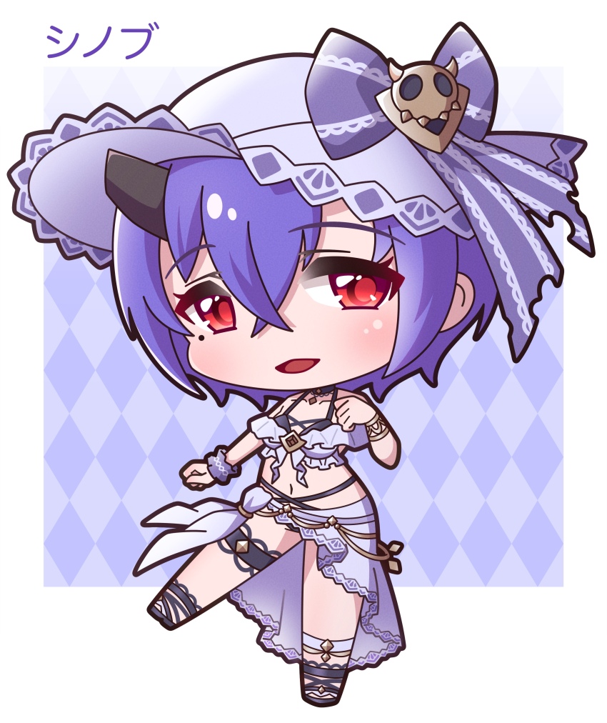 1girl :d absurdres argyle_background bare_shoulders bikini black_bikini black_sandals bow commentary_request full_body grey_bikini grey_bow grey_hat hair_between_eyes hand_up hat hat_bow highres horns layered_bikini looking_at_viewer mole mole_under_eye navel open_mouth princess_connect! purple_hair red_eyes saishosaisekojo sandals shinobu_(princess_connect!) shinobu_(summer)_(princess_connect!) single_horn smile solo standing standing_on_one_leg swimsuit
