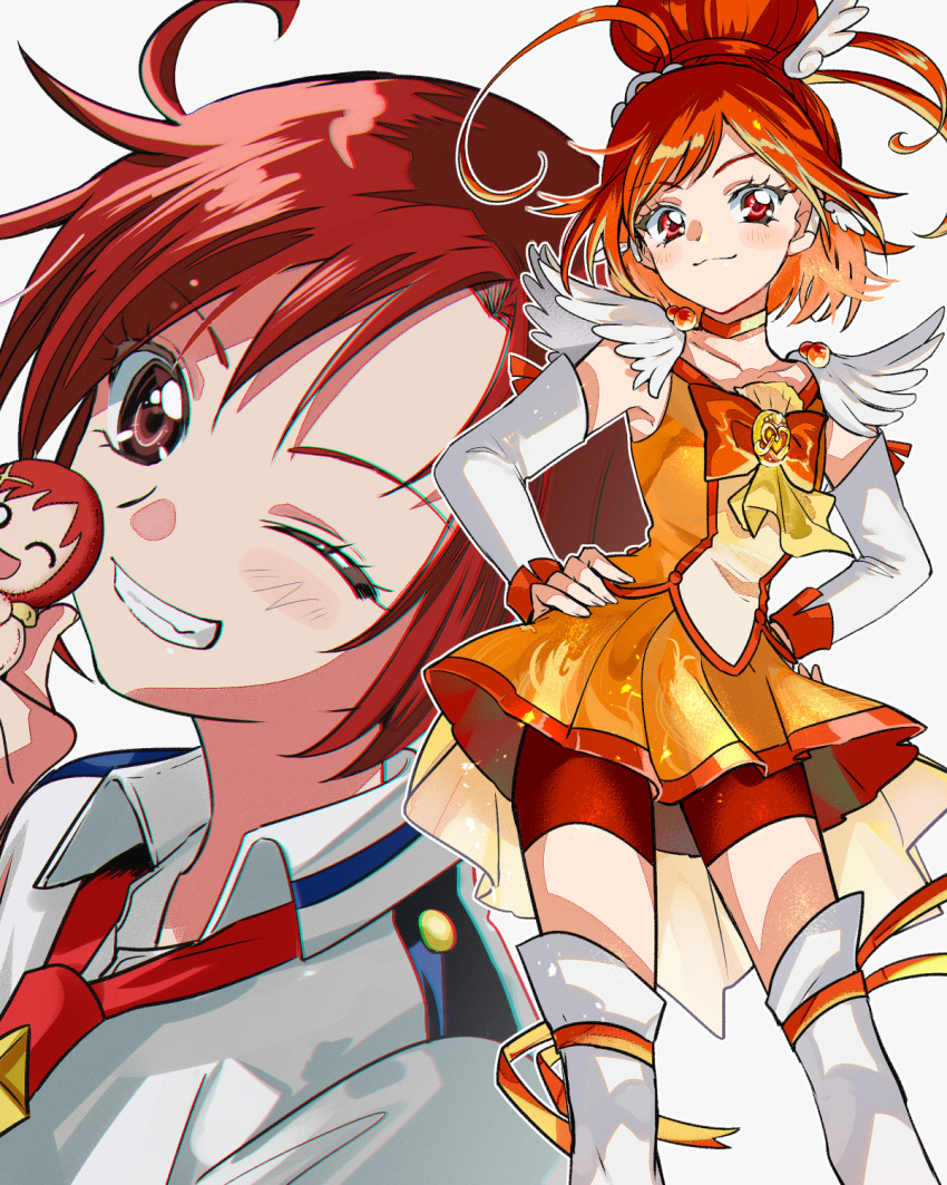 1girl arm_warmers asako_(itiba) bike_shorts bike_shorts_under_skirt blush boots bow bowtie brooch character_doll closed_mouth cure_sunny doll earrings hair_bun heart heart_brooch high_heel_boots high_heels highres hino_akane_(smile_precure!) holding holding_doll jewelry magical_girl nanairogaoka_middle_school_uniform necktie one_eye_closed open_mouth orange_bow orange_bowtie orange_hair orange_shirt orange_shorts orange_skirt precure red_eyes red_hair red_necktie school_uniform shirt short_hair shorts single_hair_bun skirt smile smile_precure! solo white_background white_boots white_shirt