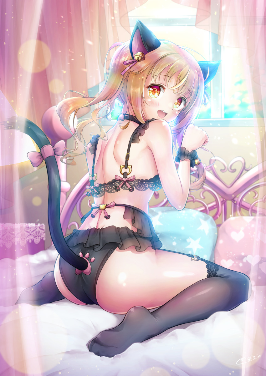 1boy androgynous animal_ears ass bare_shoulders bed blush bra cat_ears cat_lingerie cat_tail crossdressing feet from_behind full_body garter_straps highres lingerie long_hair looking_at_viewer looking_back male_focus meme_attire natsusora_wakana no_shoes novady open_mouth orange_eyes orange_hair original panties paw_pose pillow ponytail shiny_skin sitting smile solo tail thighhighs trap underwear wariza